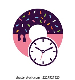 Donut time logo template. Clock and donut logo icon template vector.