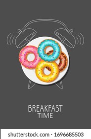 Donut time. Realistic donuts and painted alarm clock. Concept. Vector illustration