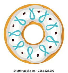 Donut. Top view sweet dessert into glaze for menu design, cafe decoration or delivery box. Candy food with sprinkles. Traditional breakfast