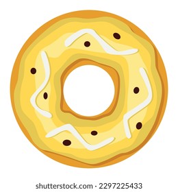 Donut. Top view sweet dessert into glaze for menu design, cafe decoration or delivery box. Candy food with sprinkles. Traditional breakfast