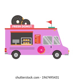 Donut truck icon. Street food van vehicle, delivery transport isolated on white background. Tasty dessert. Flat cartoon style vector illustration. Can be used for web design, brochure template.
