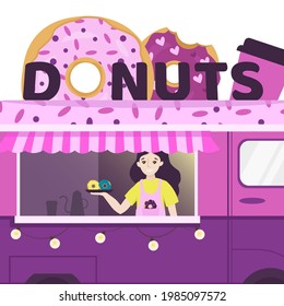 Donut truck. Vector colorful flat. Tasty fried dough confectionery or dessert. Food street store.