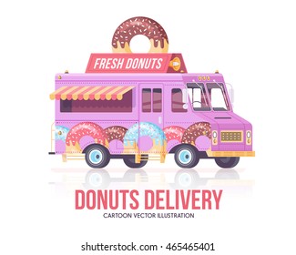 Donut truck. Vector donut wagon. Delivery service. Flat illustration.