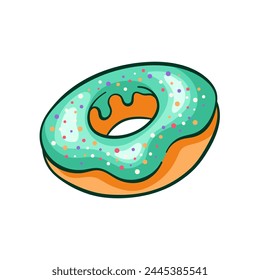 Donut with turquoise frosting and sprinkles in cartoon. Simple line icon for food apps, bakery and cafe. Vector illustration isolated on a white background.