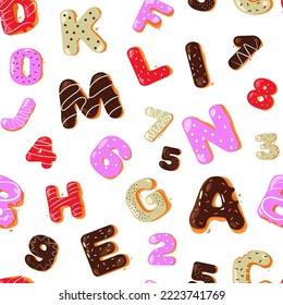Donut type pattern. Seamless print of colorful biscuit cake alphabet, cute doughnut typeface letters and numbers repeated background. Vector texture. Latin abs in shape of desserts