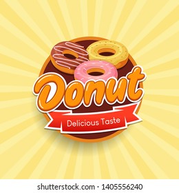 Donut Typographical Logo Design Concept For Label, Sticker And Emblem. 
Template For Brand, Flyers, Web, Posters, Ad, Promotions, Marketing, Packaging. Vector Illustration