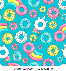 Donut unicorn with white  glaze and rainbow tail, pink, blue mint and yellow lemon donuts, donut comet with rainbow. Seamless pattern. Vector illustration