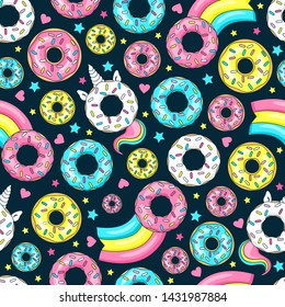 Donut unicorn with white  glaze and rainbow tail, pink, blue mint and yellow lemon donuts, donut comet with rainbow. Seamless pattern. Vector illustration