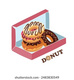 Donut vector. Donut box or doughnut box clipart. Sweet food or dessert. Flat vector in cartoon style isolated on white background.