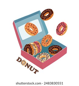 Donut vector. Donut box or doughnut box clipart. Sweet food or dessert. Flat vector in cartoon style isolated on white background.