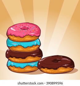 donut vector cartoon illustration, donut isolated on a light background, cartoon style, donuts into the glaze, collection of sweet donuts isolated, donuts icing sugar