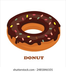 Donut vector or doughnut vector with chocolate flavor and topping. Sweet food clipart. Dessert clipart. Flat vector in cartoon style isolated on white background.