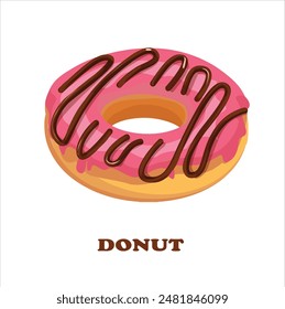 Donut vector or doughnut vector with strawberry flavor and chocolate topping on surface. Sweet food clipart. Dessert clipart. Flat vector in cartoon style isolated on white background.