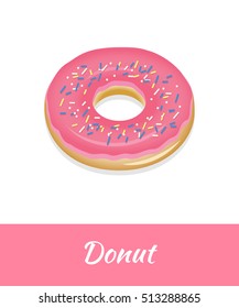 Donut vector food isolated on white background. Fresh donut with pink frosting brochure Breakfast