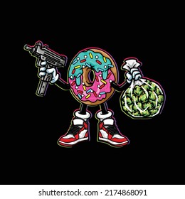 donut vector hold gun, weed nug bag and smoking blunt cannabis bud flower marijuana and happy face