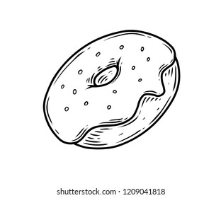 Donut vector. Iced donut pastry bake American traditional cuisine Isolated on white background. Fast food ingredient. Engraved hand drawn illustration.