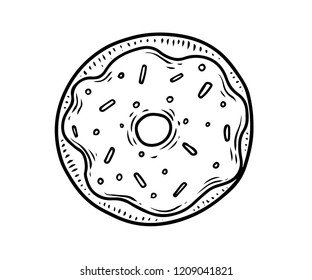 Donut vector. Iced donut pastry bake American traditional cuisine Isolated on white background. Fast food ingredient. Engraved hand drawn illustration.