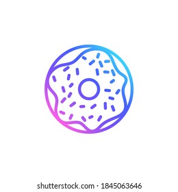 Donut vector icon in bright color gradient. Cute glazed donut with frosting and sprinkles isolated on white background. Minimalist line art in blue, violet and pink.