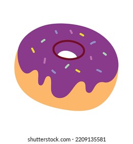 Icono vectorial de donut, ilustración de doodle de un donut con glicina violeta y salpicaduras de colores, comida de panadería para el desayuno, tentempiés dulces, clipart de color aislado sobre fondo blanco