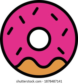 Donut Vector Icon in Filled Outline Style. A Donut is a round, deep fried cake, usually with a hole in the center. Vector illustration icon can be used for an app, website, or part of a logo.