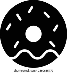 Donut Vector Icon in Glyph Style. A Donut is a round, deep fried cake, usually with a hole in the center. Vector illustration icon can be used for an app, website, or part of a logo.