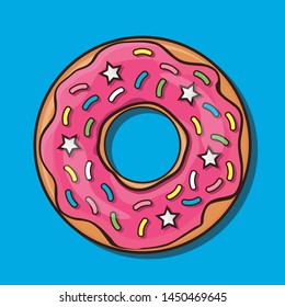 Donut vector icon isolated on blue. Pop art Cool Patch, sticker. Cute, tasty, Colored sprinkles, pink topping, logo for bakery menu. Color illustration 
