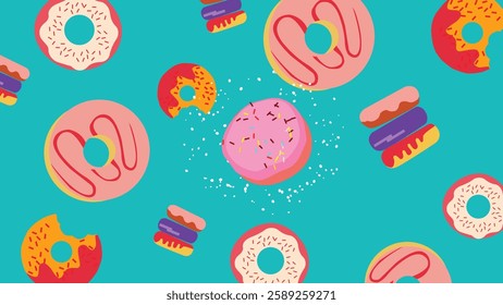 Donut vector illustration, Dessert collection. Break time with top view of sweet dough. It can be preferred as an American service.