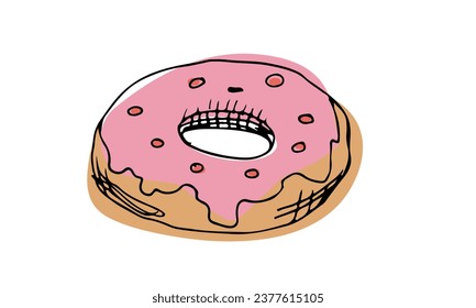 Donut vector illustration of high-quality hand-drawn doodle style graphics that are perfect for a variety of food projects and baking businesses pink color and flat style isolate on white background