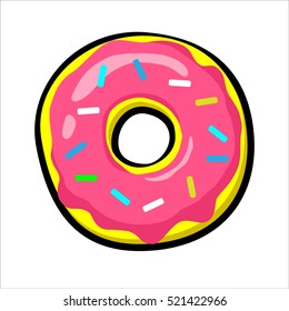 Donut vector illustration isolated on white. Pop art Cool Patch, sticker. Comics style 80s 90s. Cute, tasty, Colored sprinkles, pink topping, logo for bakery menu