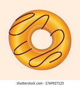 Donut vector illustration. Orange glaze and chocolate decoration. Isolated