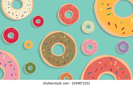 Donut vector illustration set isolated. Donut collection. Sweet sugar icing donuts. break time with white chocolate, strawberry and chocolate donuts top view.