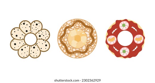 Donut vector Illustration. Sweet sugar icing donuts. Top view of doughnuts. Confectionery dessert. Chocolate confectionery isolated on white background. Flat design.