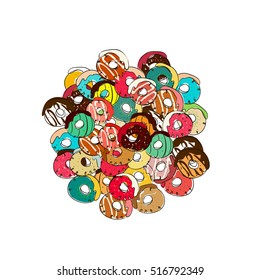 Donut vector illustration.Donut icon in a hand drawn style. Collection of sweet donuts isolated. Donuts icing sugar. Large pile of colorful donuts. Doodle sketch style background.