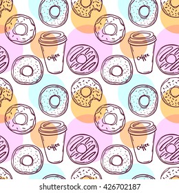 Ilustração vetorial de donut. Donut padrão sem costura e café. Ícone de donut em um estilo desenhado à mão. Coleção de donuts doces isolados. Donuts confeitando açúcar.