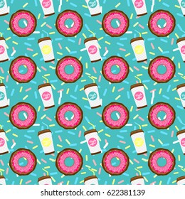 Donut vector illustration.Seamless pattern confiture, donut and coffee. 