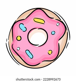 Donut vector isolated on a white background. Cute, colorful and glossy donuts with pink glaze and multicolored powder. Simple modern design.