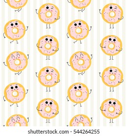 Donut, vector seamless pattern with cute fast food characters on stripy background