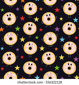 Donut, vector seamless pattern with cute fast food characters on dark background with colorful stars
