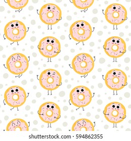 Donut, vector seamless pattern with cute fast food characters on dotted background