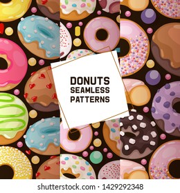 Donut vector seamless pattern doughnut food glazed sweet dessert with sugar chocolate in bakery illustration backdrop set of colorful backed dough with icing background.