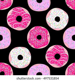 Donut  vector seamless pattern. Donut on a black background. A donut with pink colors icing. Vector background with stickers,  patches in cartoon comic style, restaurant menu booklet design. 