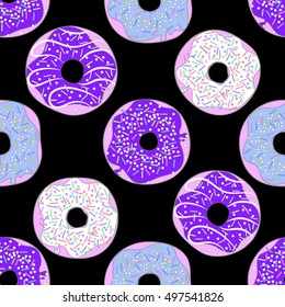 Donut  vector seamless pattern. Donut on a black background. A donut with blue colors icing. Vector background with stickers,  patches in cartoon comic style, restaurant menu booklet design.

