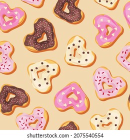 Donut vector seamless pattern. Romantic bakery treats surface design. Valentines day desserts background.