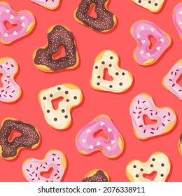 Donut Vector Seamless Pattern. Romantic Bakery Treats Surface Design. Valentines Day Desserts Background.