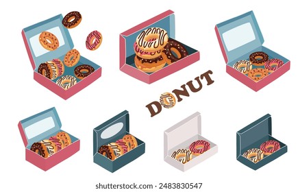 Juego de Vector de donut. Caja de donut o Clipart de caja de donut. Comida dulce o postre. Vector plano en estilo de dibujos animados aislado sobre fondo blanco.