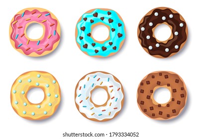 Donut vector set, collection of colorful doughnut cakes, with caramel and chocolate topping and colorful candy, isolated on white background with shadow