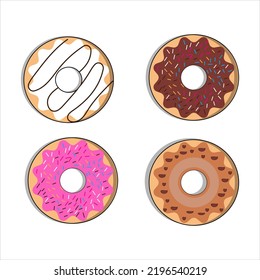 Donut vector set fullcolor. Donut collection. Sweet sugar icing donuts. break time with white chocolate, strawberry and chocolate donuts top view.