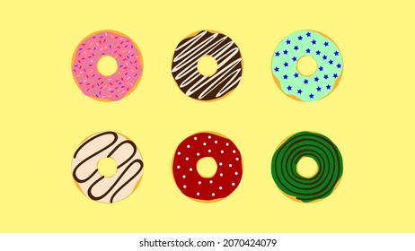 Donut Vector Set. Glazed  Doughnut Pack. Pink Chocolate Classic Stars. Flat Cartoon Illustration