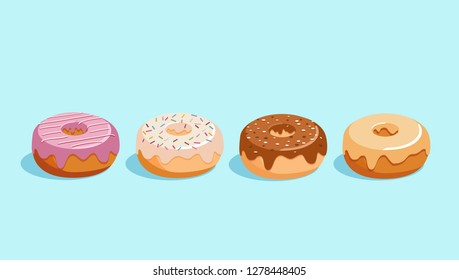 Donut vector set isolated on a blue background. Donuts collection with sugar icing with white and  dark chocolate, strawberry and caramel 