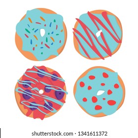 Donut vector set isolated on a white background. Donut collection. Sweet sugar icing donuts. break time with white chocolate, strawberry and chocolate donuts top view.